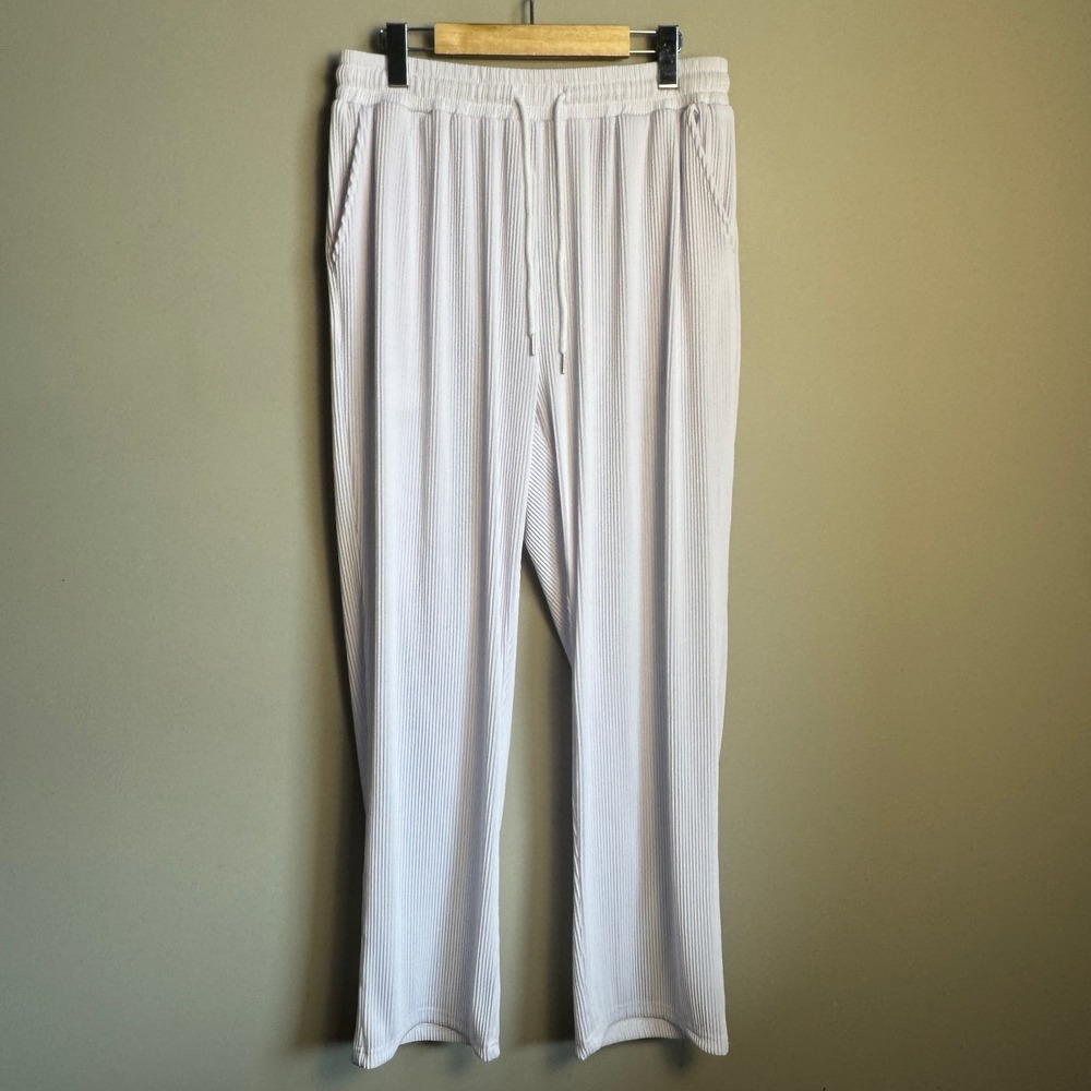 COOFANDY Ribbed Drawstring Wide Leg Lounge Pants White Medium Plisse Trousers